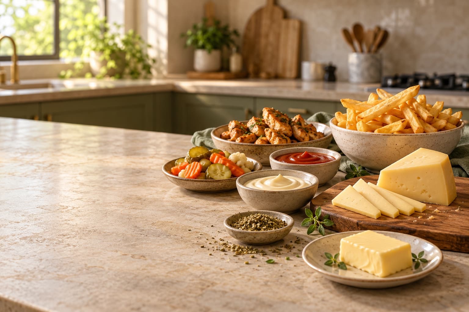 Illustrative food and kitchen essentials arranged on a table